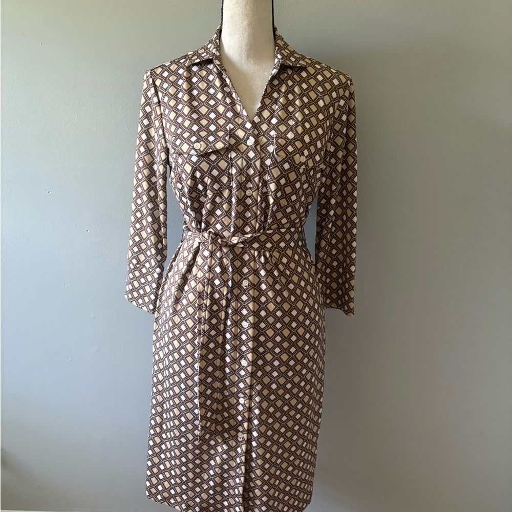 J. McLaughlin Brown and Cream Geometric Midi Dress
